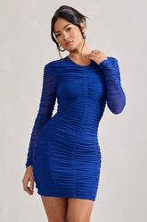 Cobalt Blue Ruched Long Sleeve Mini Dress
